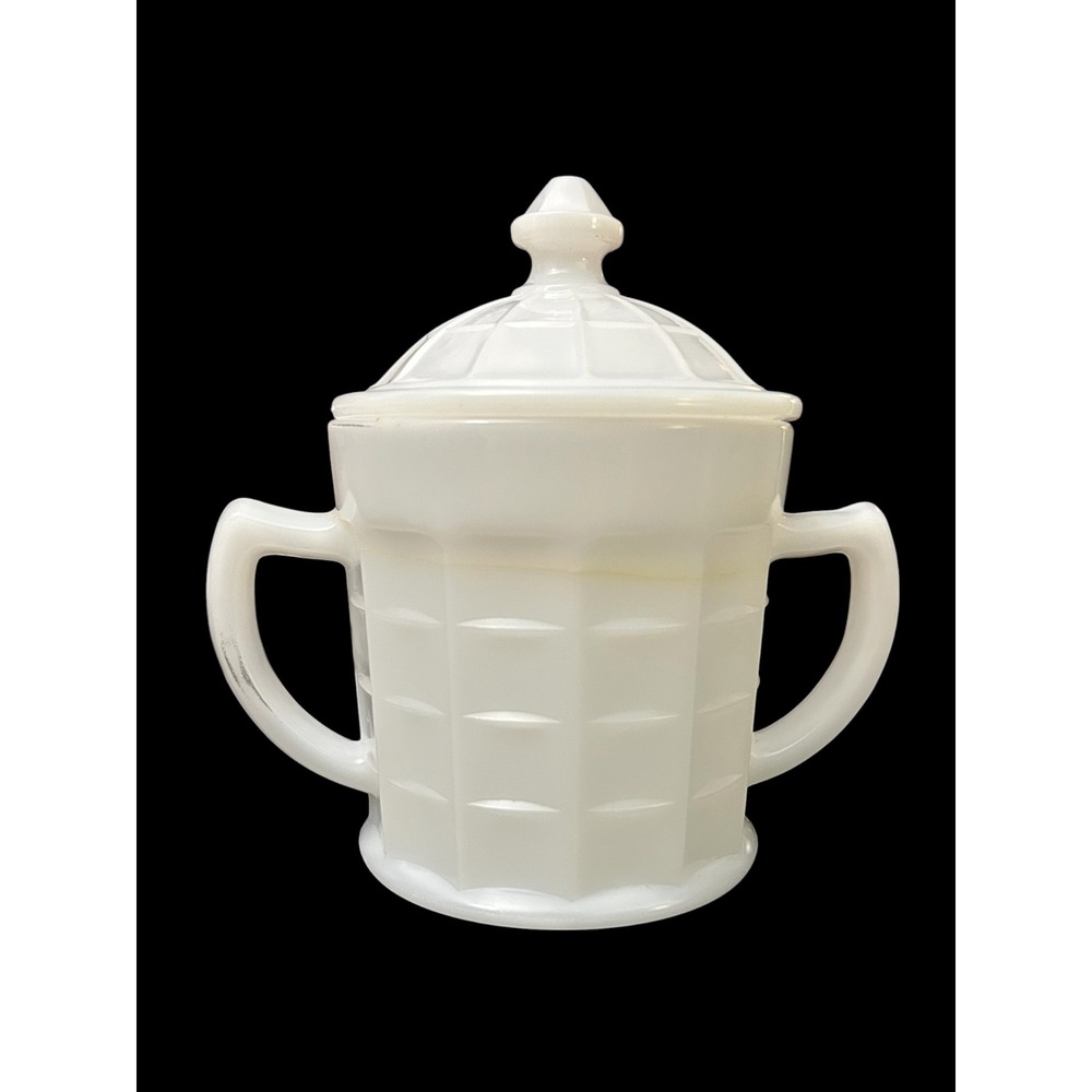 Vintage Hazel-Atlas 1930s Milk Glass Block Optic Sugar Bowl with Lid